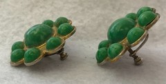 Faux Jade Green Cabochon, Flower Clip-On, Twist Back Earrings, Vintage, JWL-1054
