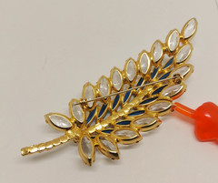Juliana D&E DeLizza Elster Feather Leaf Brooch Blue Navette Clear Rhinestones 4′