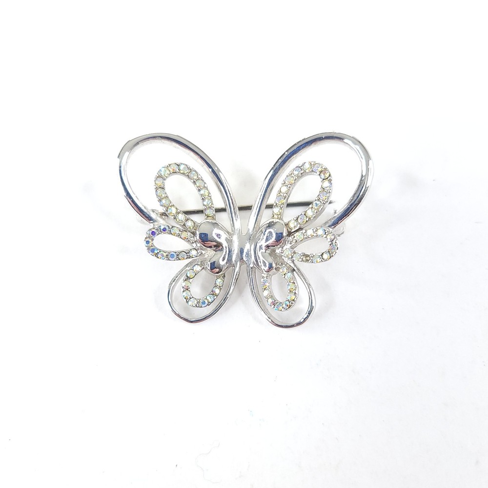 Vintage Silvertone and Rhinestones Openwork Butterfly Brooch Pin Unsigned