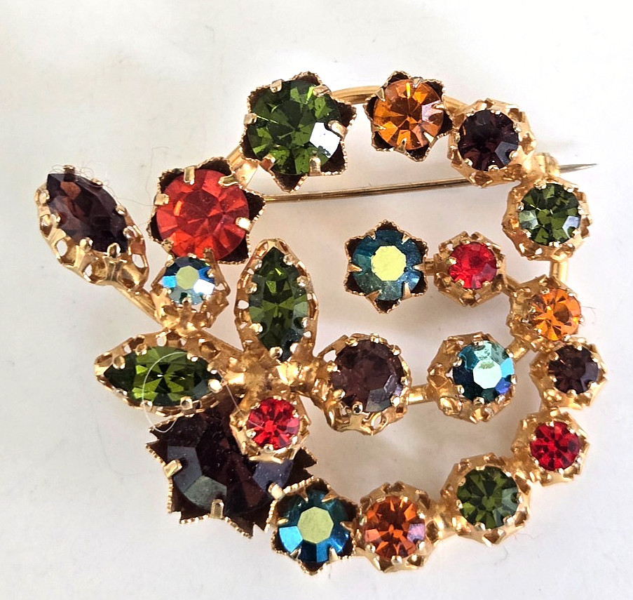 Vintage Austria Multi Autumn Colors Rhinestone Gold Tone Pin 1-7/8″