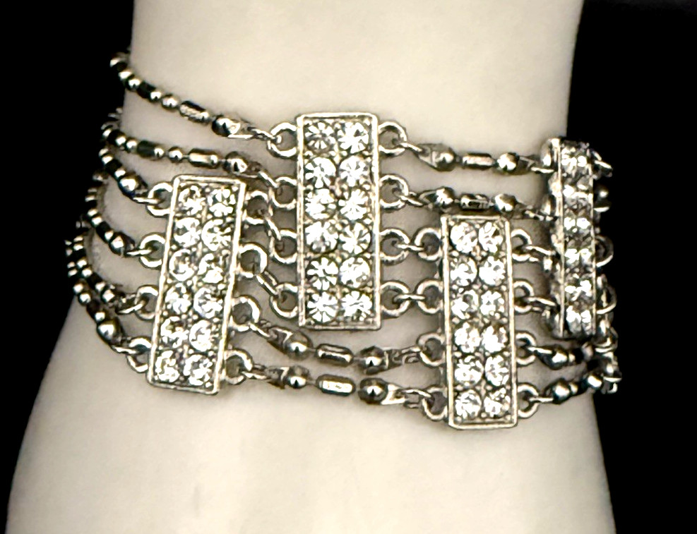 Vintage MARLYN SCHIFF 7″ Silver Tone Art Deco Style Paneled Rhinestone Bracelet