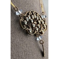 Vintage Edwardian Lavalier Necklace Open Framework Blue Glass Brass Barrel Clasp