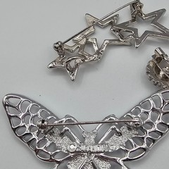 Vtg Silver Tone Brooch Pin Lot Butterfly Stars Heart Feather Rhinestone Sparkle