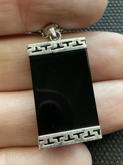 Vintage 925 Sterling Silver Black Onyx Chinese Symbol Good Luck Pendant Necklace