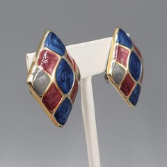 Blue Red Gray Enamel Vintage Clip on Earrings Gold tone 1.5 in