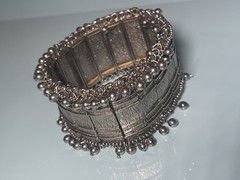Vintage Silver Tone Stretch Cuff Bracelet Dangle Bead Fringe Boho gypsy jingle