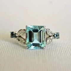 Art Deco Style Aquamarine & Lab Created Diamond Birthday 14K White Gold FN Ring