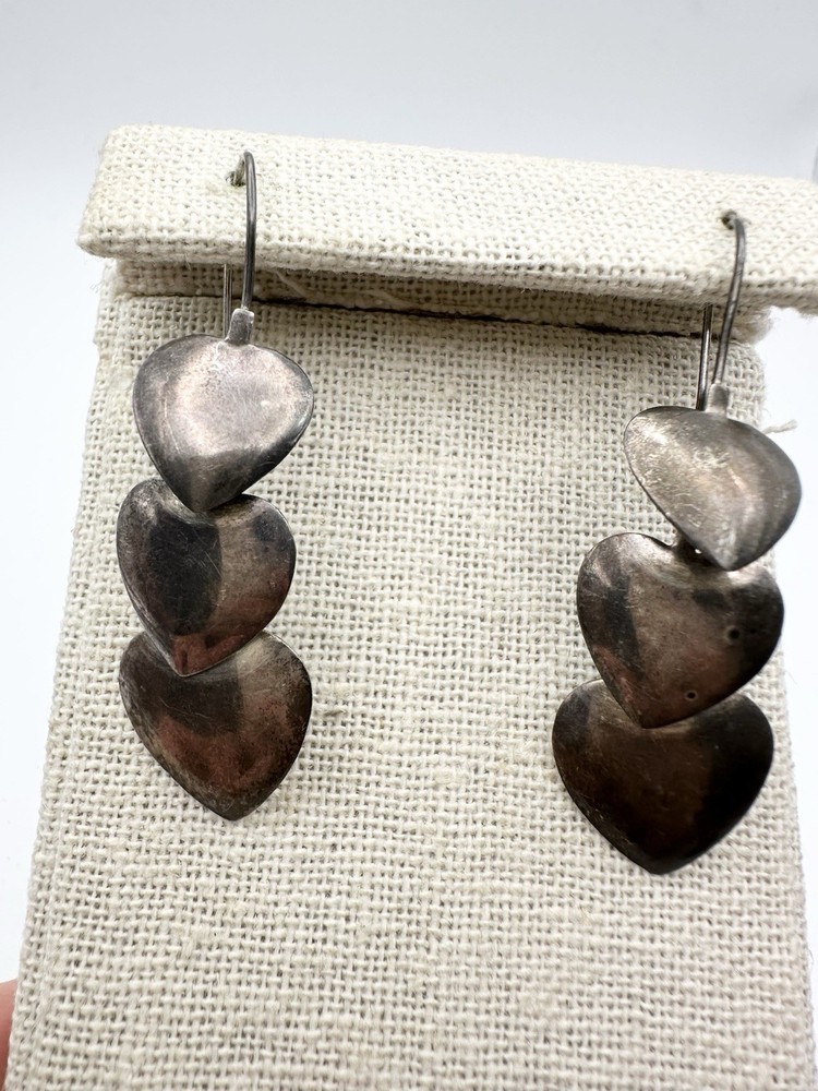 Sterling Silver Vintage Triple Heart Overlap Dangle Earrings