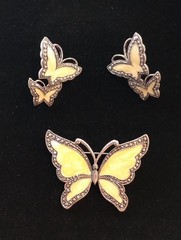 Butterfly Brooch & Earrings Set Yellow Enamel Rhinestone Vintage Style