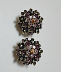 Vintage LaVintage Antiqued Gold Brass Purple Crystals Flowers Earrings Pierced