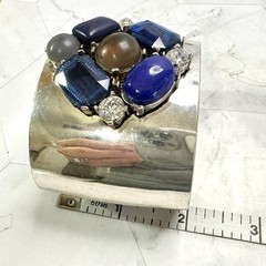 Silver Tone Rhinestone Wide Cuff Bracelet Statement Blue Bezel Cabochon Stones