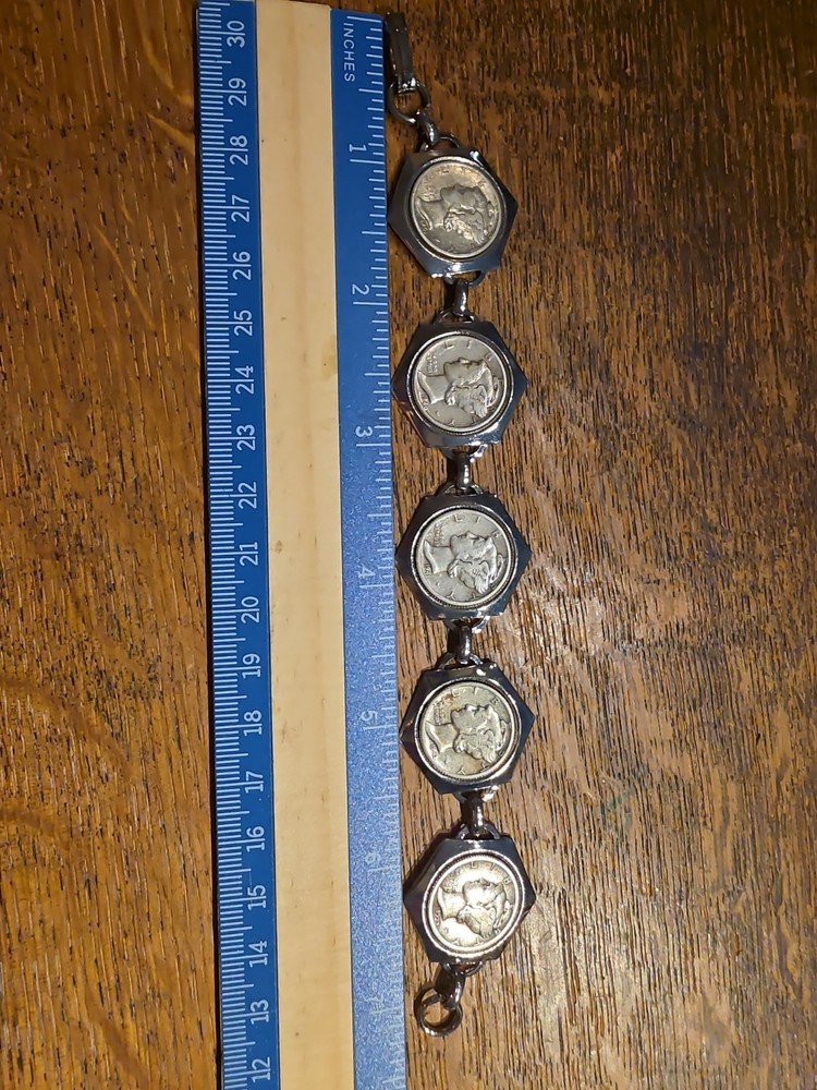 Vtg 7″ SILVER WINGED LIBERTY MERCURY HEAD DIME BRACELET