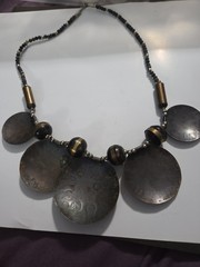Vtg. Brass, Copper? Wood Beads Tribal Necklace, Large Round Disks