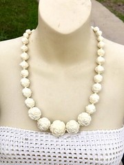 Vintage Ivory Celluloid Carved Graduated Rose Beads Necklace + earrings set