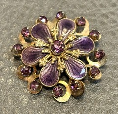 Vintage Faux Amethyst Guilloche Enamel Rhinestone FLOWER Shaped Pin Brooch