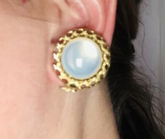 Vintage Moonstone Clip Earrings Gold Tone Metal Round Shape Hugs Lobe No Pinch