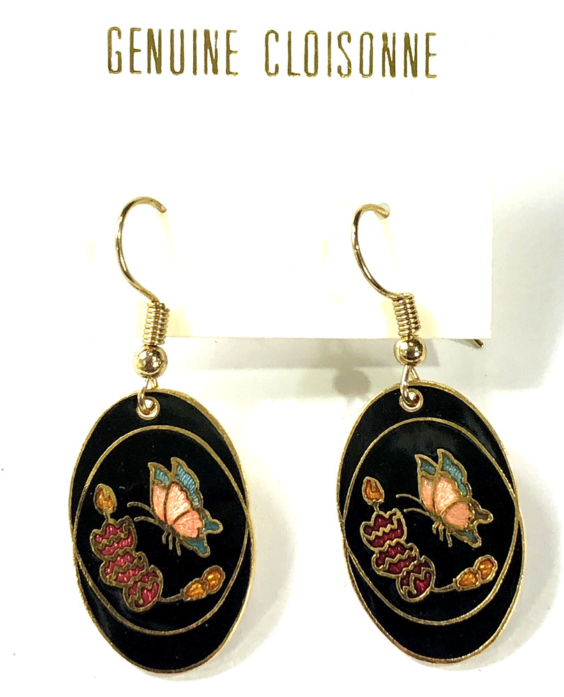 Cloisonne Earrings Dangle Flower Butterfly Vintage – NWT