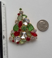 VINTAGE CHRISTMAS TREE PIN BROOCH CZECH GLASS GREEN RED RHINESTONES HTF MCM 55