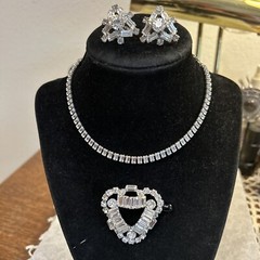 Vtg Gorgeous B. David Rhinestone Necklace Brooch & Screw Back Earrings
