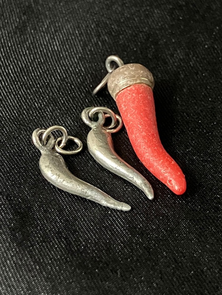 Vintage Red Coral Silver Cornicello Charms Lot 3 Lucky Italian Horn Amulets