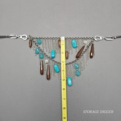 VTG Turquoise And Brown Crystals Silver Chains Leather Cord Necklace 30″ Long