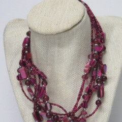 Vintage Burgundy Multi Strand Beaded Statement Necklace Boho Estate Jewelry