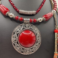 Necklace Lot Of 3 RED BOHO Eclectic, Glass, Metal, Plastic, Beads Estate