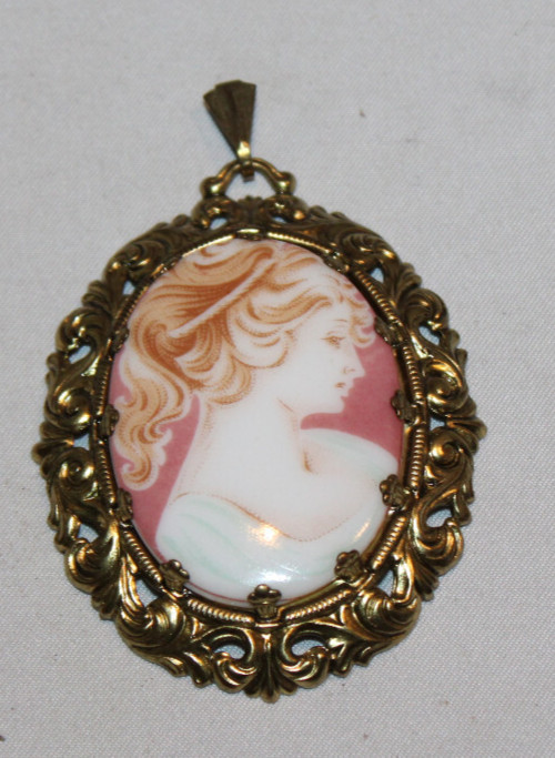 vintage cameo porcelain transfer portrait pendant gold tone