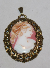 vintage cameo porcelain transfer portrait pendant gold tone