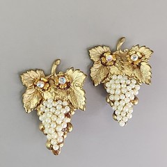 Vintage Artisan Pendant Clip Earrings Set Seed Pearl Grapes AB Repurposed