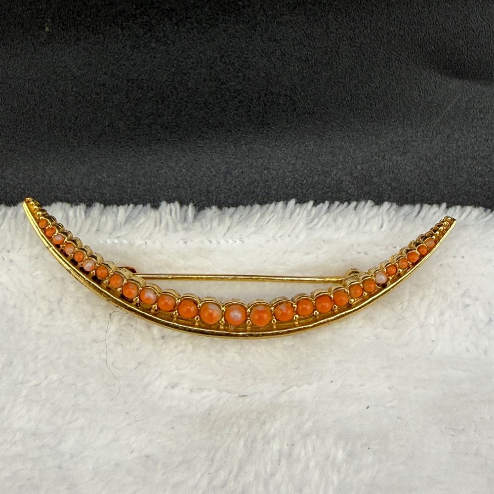Vintage Crescent Moon Brooch Gold Tone Orange Coral?