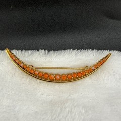 Vintage Crescent Moon Brooch Gold Tone Orange Coral?