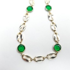 Beaded Station Necklace Green Gold Tone 28″