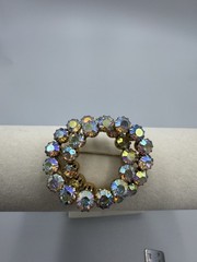 Clear AB Aurora Borealis Rhinestone Prong Dbl Circle Gold Tone Brooch Estate Vtg