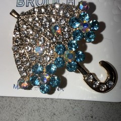 Mint Umbrella Brooch Pin Aqua & White Crystals Rhinestones