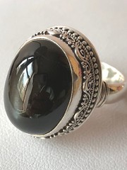 VINTAGE HUGE BLACK STAR CATS EYE MOONSTONE ? CABOCHON 925 STERLING SILVER RING