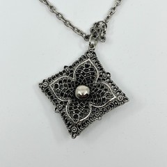 Vintage Retro Silver Tone Filigree Square Pendant Necklace Ornate Boho Style