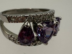 ESTATE STERLING SILVER PASTE AMETHYST THREE STONE RING PEAR HEART OVAL CZ SIZE 8