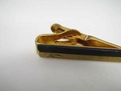 Vintage Gold Tone Tie Bar Clip Black Enamel Top Engraved Scroll Design for Men