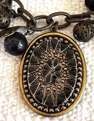Vtg. Victorian Style Necklace Star Pendant Cameo Charms Black Glass Beads Brass