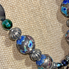 Roxsann Silver tone Blue Crystal, Enamel Bead Statement Necklace Tassel Boho 20”