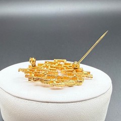 Vintage Gold Tone Metal Faux Pearl Accent Brooch Abstract Mid Century Brutalist