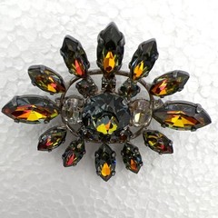 Vintage Watermelon Rhinestone Brooch Pin Faceted Sunburst Silver Tone