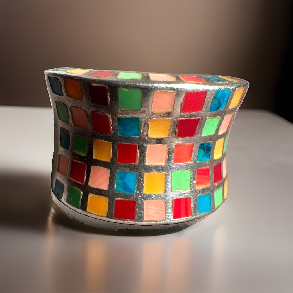 Vtg ZUNI ATI Sterling 925 Wide Band Pastel Mosaic Inlay Statement Ring Sz 7.5