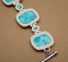 JTV Turquoise Link Bracelet Cushion Oval & Round Stones Sterling Silver 8-1/2″