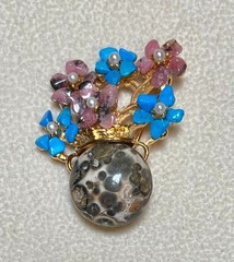AUTHENTIC SWOBODA FLOWER VASE BROOCH ~DALMATION JASPER, TURQUOLITE, RHODONITE!