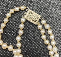 Graduated Double Strand Knotted Antique Pearl Sterling Silver Clasp 17” Signed M