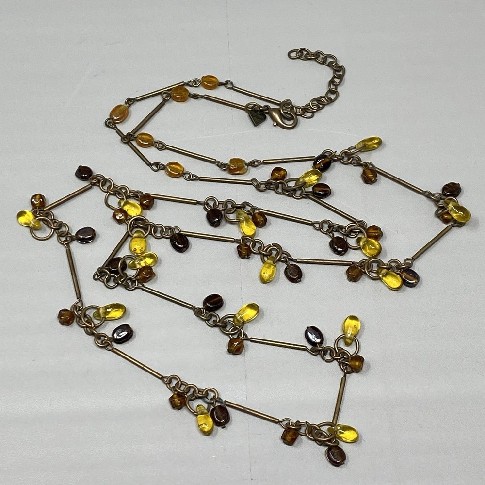 Designer Glass Bead Necklace Brown Yellow Cluster Briolette Station Aera Long