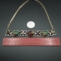 Vintage 1950s MCM Art Glass Floral Necklace Green Pink Cabochon 16.5″