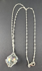 Vintage Clear Faceted Cut Crystal Pendant In Silver Tone Cage Long 30″ Necklace